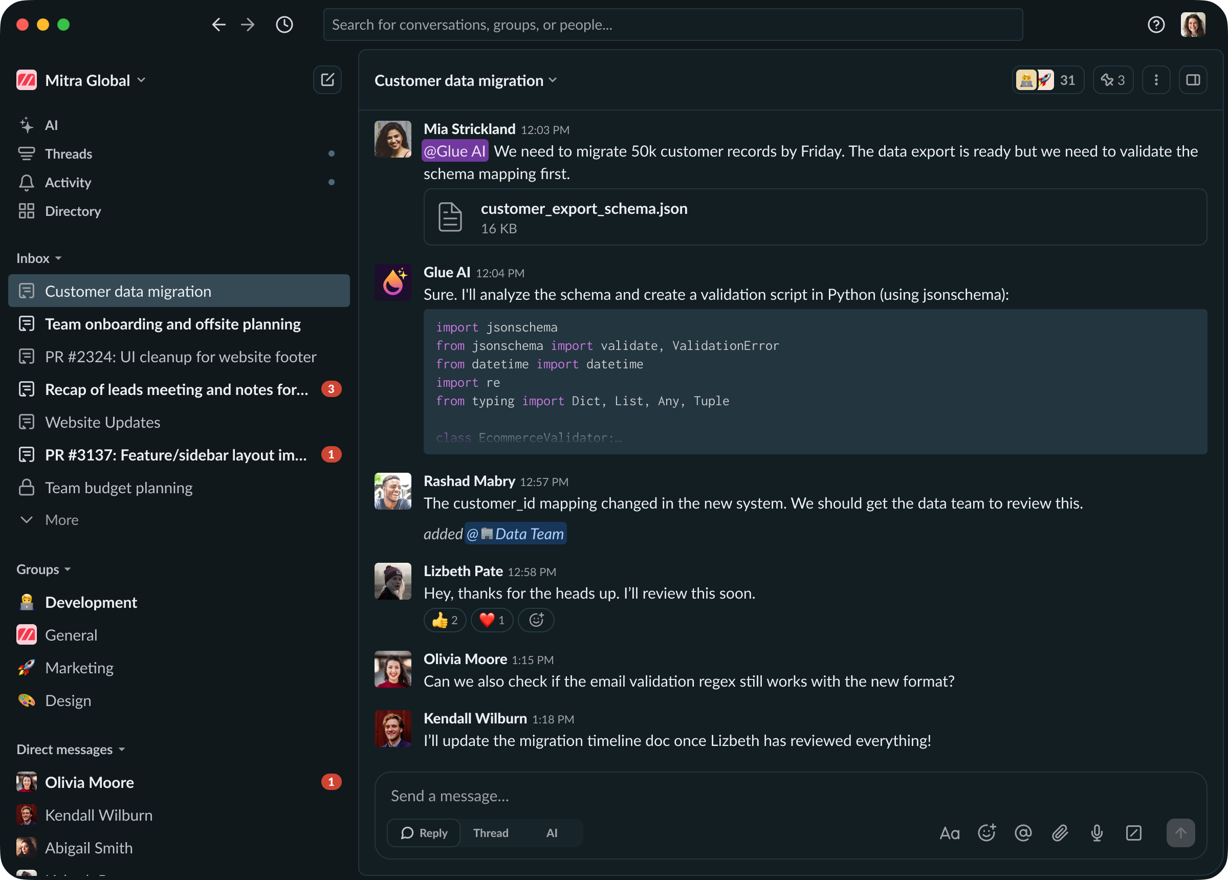Glue workspace interface showing organized conversations and threads